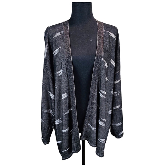 Eileen Fisher Tencel Knit Open Front Kimono Cardigan Sweater Large Black Gray - Picture 1 of 16